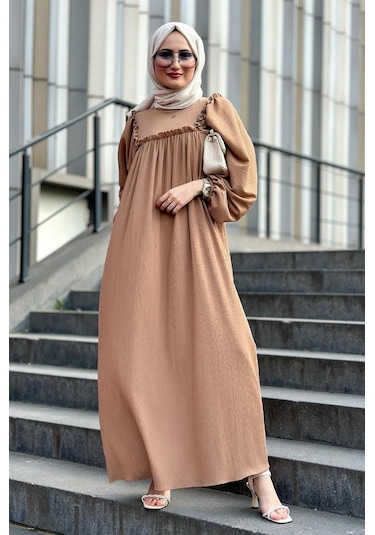 Fırfırlı Robalı Bürümcük Elbise-vizon-1596-vizon Vizon