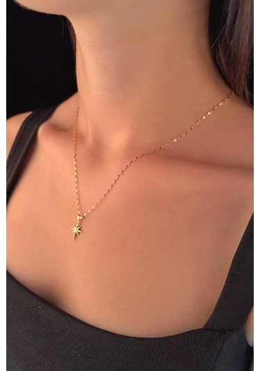 Fiyonk Kuyumculuk 14 Ayar Altın Işıltılı Aynalı Zincir Kuzey Yıldızı Kolye 001