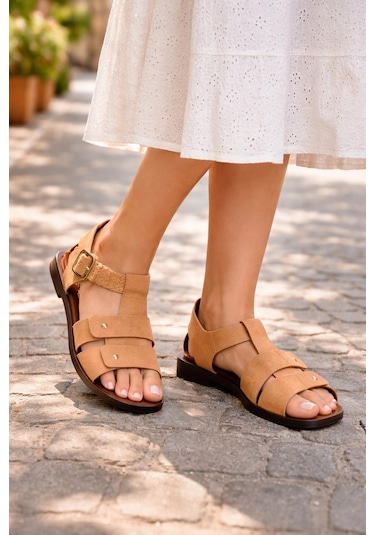 Modaonn Kadın Camel/taba Süet Dokulu Tokalı Günlük Sandalet Taba