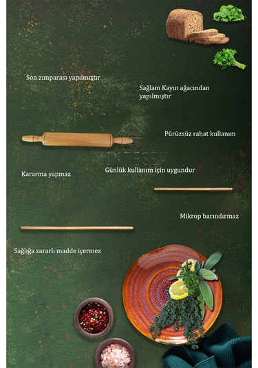 Zümrüt Serisi Ahşap Hamur Açma Oklavası Merdanesi 3 Lü Set Znt2