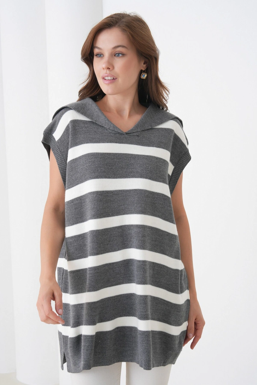 Kadın Kolsuz Gömlek Yaka Triko Tesettüre Uygun Spor Şık Yelek Gri