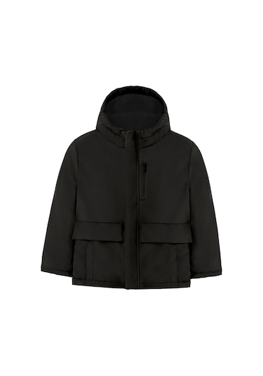 Erkek Çocuk Siyah I Çi Kürklü Su Ve Rüzgar Geçirmez Kapüşonlu 3 Cep Kışlık Mont Siyah