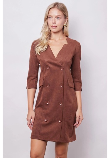 Kadın Kadife Likralı Yumuşak Dokulu Kruvaze Kapri Truvakar Kol Kolu Yırtmaçlı Ofis Ceket Elbise-fındık Kabuğu Fındık Kabuğu