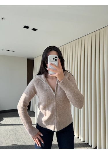 Laluvia Bej Balıkçı Yaka Çift Fermuarlı Hırka - 251108 Bej
