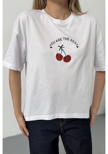 Giysa Kadın Kiraz Baskılı Pamuklu T-shirt Beyaz - 26y 26519