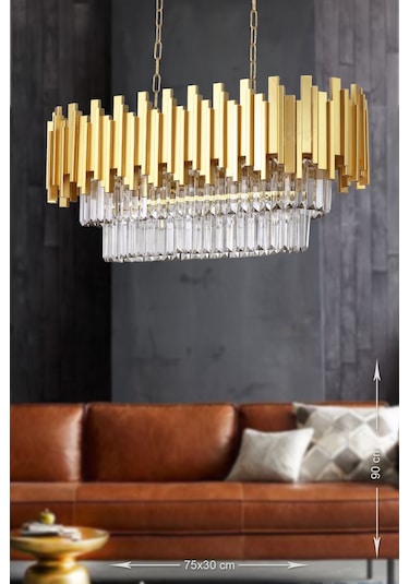 Avizemoda Sima 75X30 Cm'Lik Kristal Cam Taşlı Lüks Yemek Masası Üstü Avize - (Sarı Yaldız)