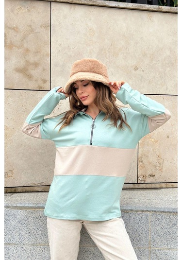 WeShaya Kadın Mint Uzun Kol, Dik Yaka, Fermuarlı, Double Color Block Basic Sweatshirt Bluz Mint