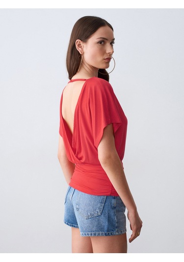Dilvin 32574 Sırt Dekolteli Büzgülü Top-kırmızı