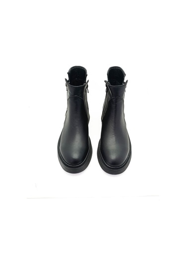 Hakiki Deri Siyah Fermuarlı Kalın Topuk Ortopedik Kadın Bot Siyah