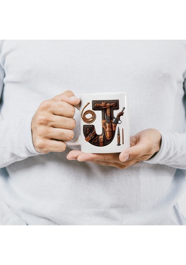 J Harfi Kovboy Temalı Bardak 330 Ml İsim / Harf Kişiye Özel Hediye - Vahşi Batı Konsept Beyaz