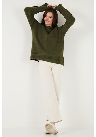 Lela Regular Fit Bisiklet Yaka Basic Triko Bayan Kazak 4616213 Haki