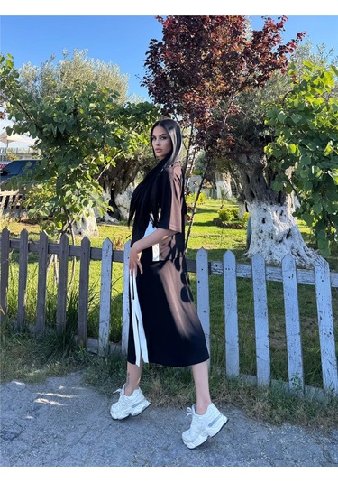 Siyah Polyester Keten Çizgili Yandan Takım Siyah