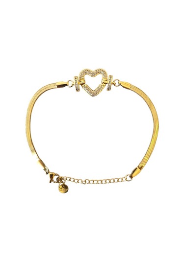 İtalyan Zincir Taşlı Kalp Çelik Bileklik Altın - Gümüş