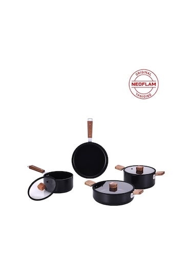 Neoflam Bien Black 7 Parça Indüksiyonlu Tencere Tava Seti, Akasya Ağacı Sap Ve Kulplu