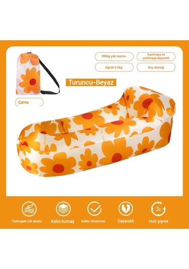 Snapbuy Baş Destekli Tek Kişilik Hava Yatağı Desenli Şişme Koltuk - Kamp ve Açık Hava Etkinlikleri İçin Taşınabilir - Turuncu - Beyaz