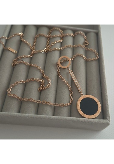 Çelik Rose Renk Roma Rakamlı Uzun Kadın Kolye