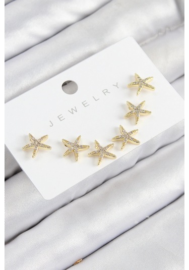 Pirinç Zirkon Taşlı Deniz Yıldızı Model Gold Renk 925 Ayar Gümüş Çivi Kadın Küpe Set - Tj-bkp11192 Çok Renkli