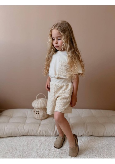 Kız Çocuk Krem Dantelli Şortlu Takım Krem