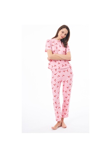 Premium Kadın Pijama Takımı Kiraz Desenli Yumuşak Dokulu Kısa Kollu Bisiklet Yaka Pudra