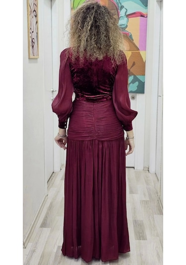 Çiçek Detaylı Çıkarılabilir Etekli Kadife Abiye 2752-bordo Bordo