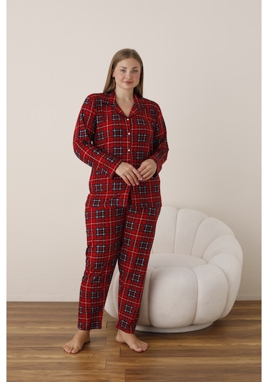 Boyraz Battal Beden Gömlek Yaka Önü Düğmeli Pijama Takımı Bordo