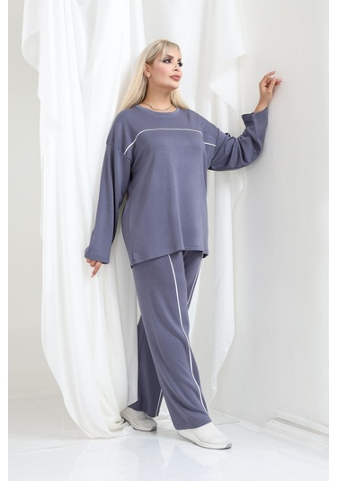 Kadın Büyük Beden Oysho Tarzı Modal Kumaş Uzun Kollu Biyeli Rahat Günlük Takım Gri