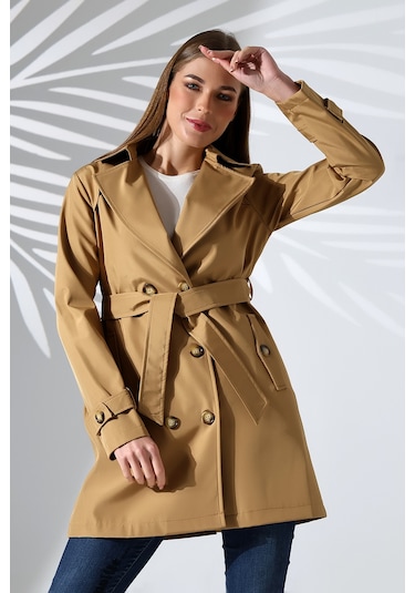 Kadın Degaje Kuşaklı Yarım Boy Astarlı Uzun Kollu Döğmeli Trençkot Camel CAMEL