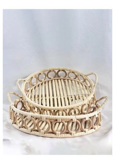 El Yapımı 2 Li Doğal Rattan Sunum Ve Servis Tepsi Seti Bohem Tarz Dekoratif Tepsi 35 Cm & 30 Cm Rattan
