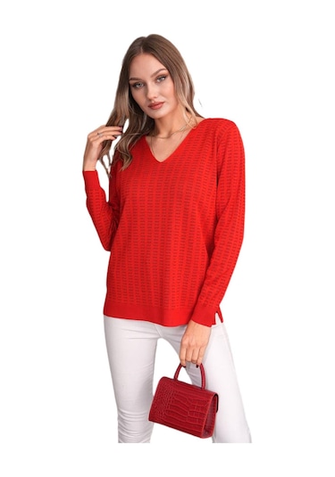 Kadın V Yaka Simli Kazak 12809 Bgl-st04106 Kırmızı