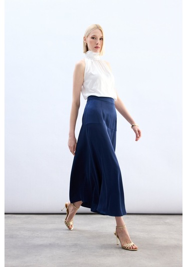 Sateen Yüksek Bel Saten Etek - Lacivert-136785 Lacivert