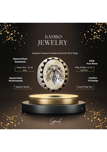 Erkekler İçin Sterlin Gümüş Yüzük - Doğal İnci Taşı Ve Çift Başlı Kartal Tasarımı Gümüş