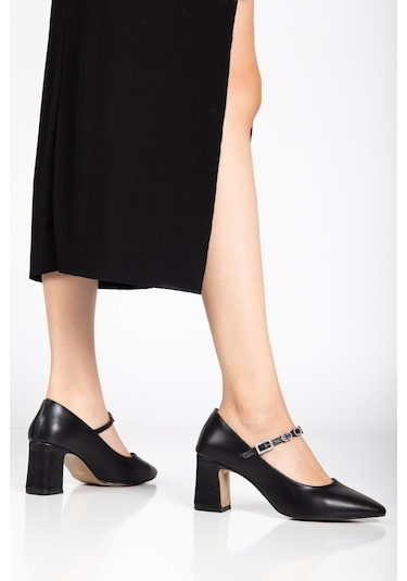 Kadın Stiletto Topuklu Ayakkabı Siyah Suni Deri Baret Taşlı Kalın Topuklu-4171 Siyah