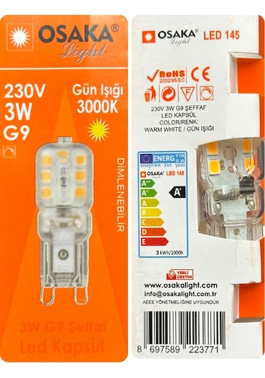 10 Adet Osaka 3w Sarı Işık 3000k Dim Edilebilir G9 Duylu Led Kapsül Ampul