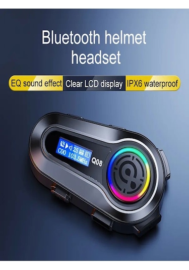 Q008 Lcd Fm Radio Eq Ses Ipx6 Su Geçirmez Rgb Işıklı Bluetooth Motosiklet Kask Kulaklığı