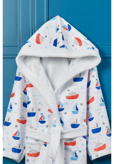 Sea Ship Dijital Baskılı Çocuk Bornozu Mavi - Beyaz