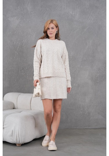 Kadın Bisiklet Yaka Saç Örgü Kazak Etek İkili Triko Takım Taş