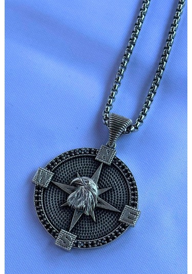 Kartal Pusula El İşçiliği Paslanmaz Çelik Zincir Erkek Kolye Gümüş