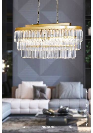 Linsa 70x30 Cm'lik Kristal Cam Taşlı Yemek Masası Üstü Lüks Avize - Sarı Yaldız Sarı Yaldız