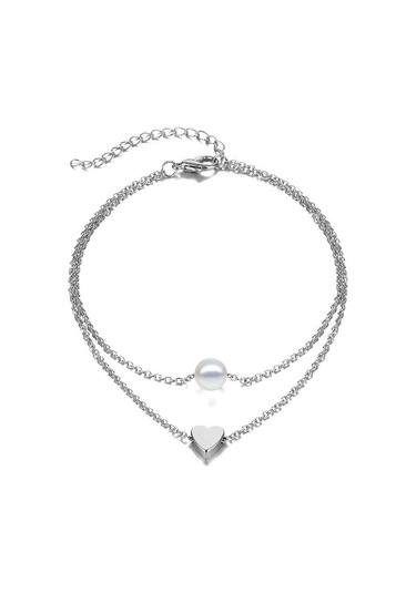 Gümüş Moda İnci Aşk Çift Katmanlı Entegre Halhal Aksesuarları Bayanlar Kişilik Vahşi