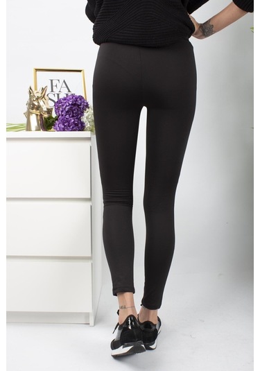 Kadın Şardonlu Dalgıç Kumaş Normal Bel Siyah Tayt SiYAH