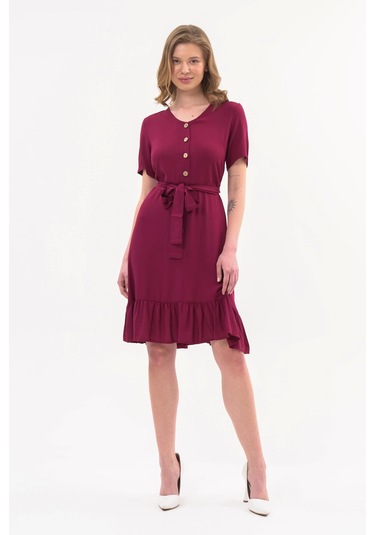 Kadın Önden Düğme Detaylı Yazlık Midi Elbise 4437/105 Bordo