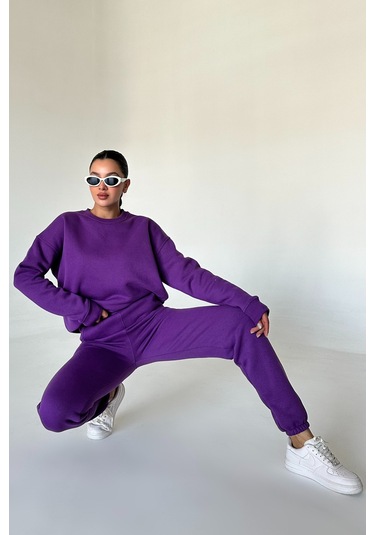 Modagen Unisex Mor Bisiklet Yaka Düz Oversize Alt-üst Eşofman Takımı Mor