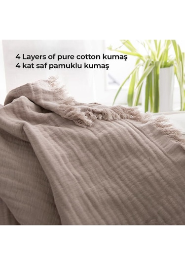 %100 Pamuk Çift Kişilik Müslin Yatak Örtüsü 4 Katlı Yumuşak Battaniye Müslin Pike Takımı 3 Parça Cappuccino Cappucino