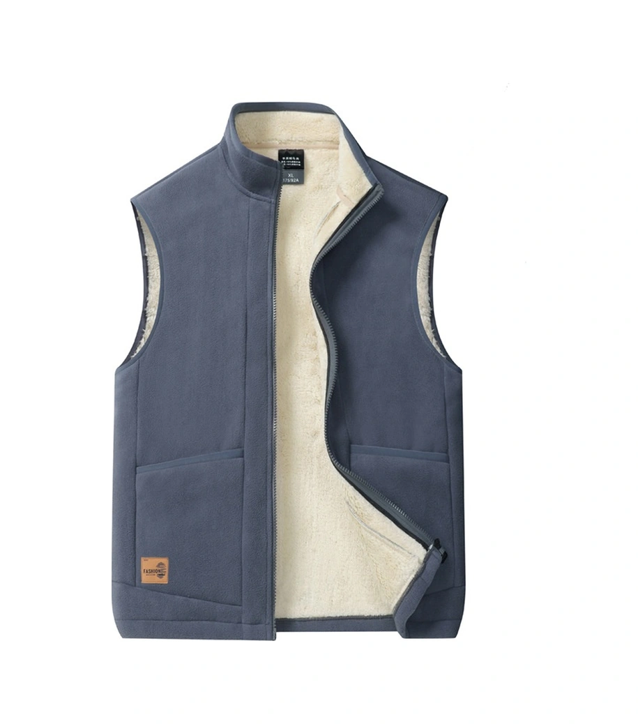 Erkek Sonbahar Ve Kış Kuzu Derisi Yelek Casual Plus Kadife Çift Taraflı Polar Sıcak Yelek Ceket Gri