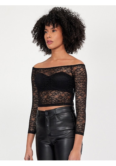 Ltb Dantel Omuzu Açık Crop Top Sweatshırt Siyah 013198124261622 - 200