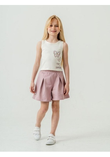 Kız Çocuk Pamuklu Pileli Kelebek Baskılı Şortlu Takım-15889 Çok Renkli
