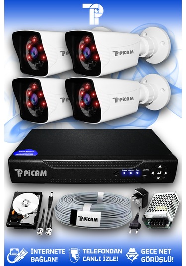 Picam 4 Kameralı Kare 4 Dış Kamera Set 250 GB HDD Full HD Gece Görüşlü Güvenlik Kamerası Sistemi