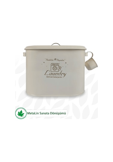 Bölmeli Metal Kapaklı Ölçekli Deterjanlık, Toz Deterjanlık Saklama, Banyo Düzenleyici, Laundry Baskılı Ln1258 - Krem Bej