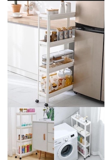 Bayev Çok Amaçlı 4 Katlı Düzenleyici Mutfak Ve Banyo Rafı Tekerlekli Raf Beyaz