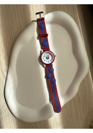 Çocuk Kol Saati Bordo Mavi Top Desenli Gümüş